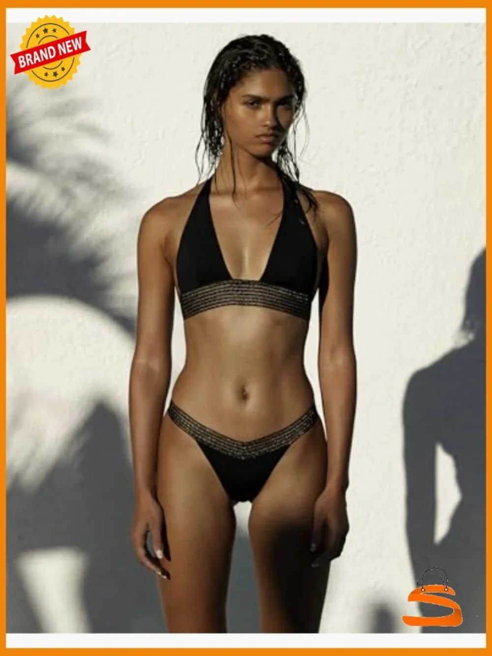 Medium Bikini Halter Top with Adjustable Ties, Sheer Elastic Fabric